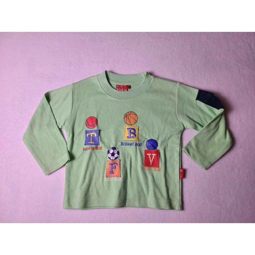 VTG Y2K Kidz Klub Graphic Tee Baby 2T Green Sports Embroidered Long Sleeve Shirt